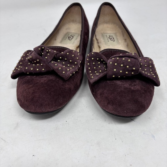UGG Sherpa Ballet Flats Womens Size 6 Suede Studded Bow Brown Suede - Picture 2 of 10